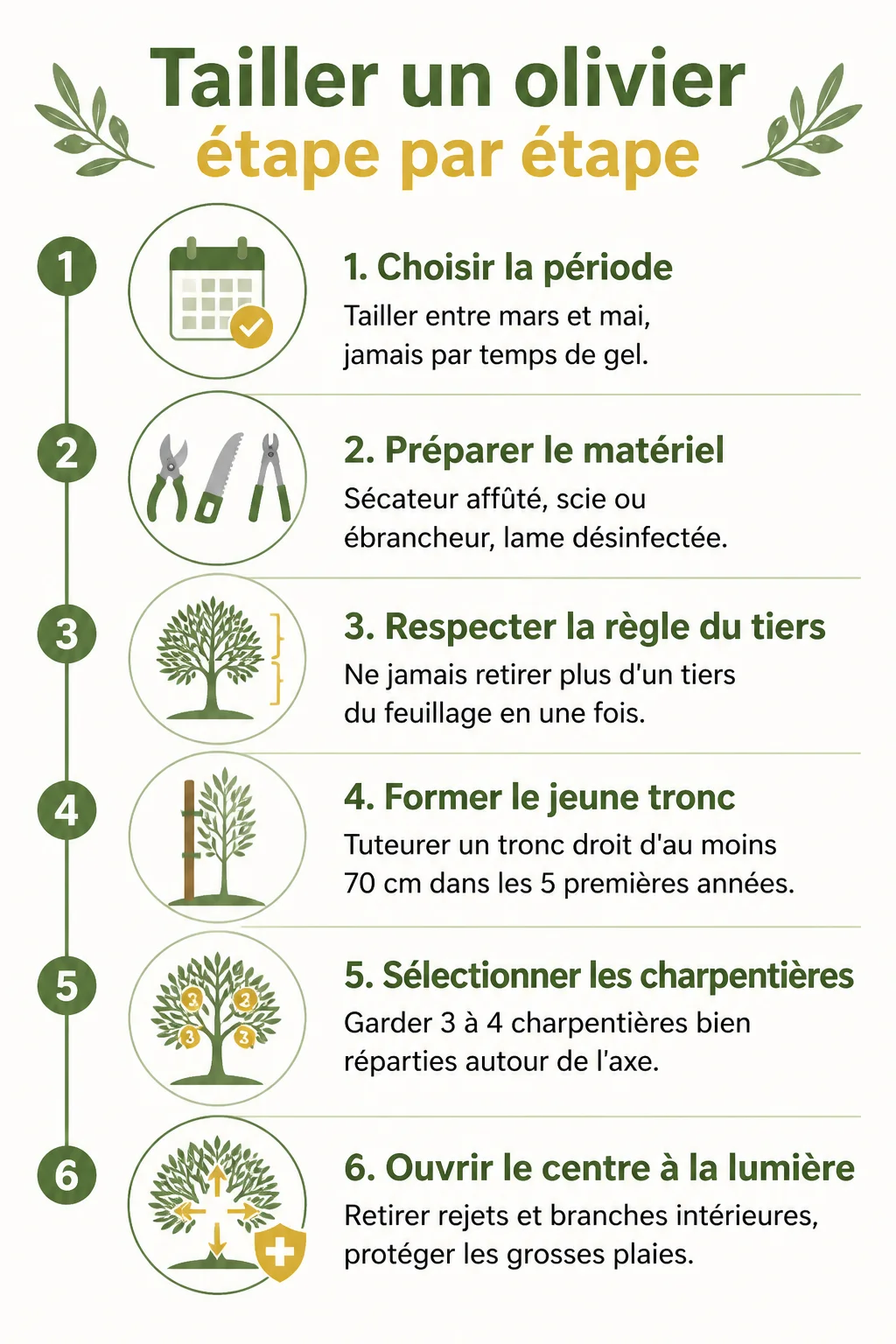 Tailler un olivier étape par étape : 1. Choisir la période, 2. Préparer le matériel, 3. Respecter la règle du tiers, 4. Former le jeune tronc, 5. Sélectionner les charpentières, 6. Ouvrir le centre à la lumière