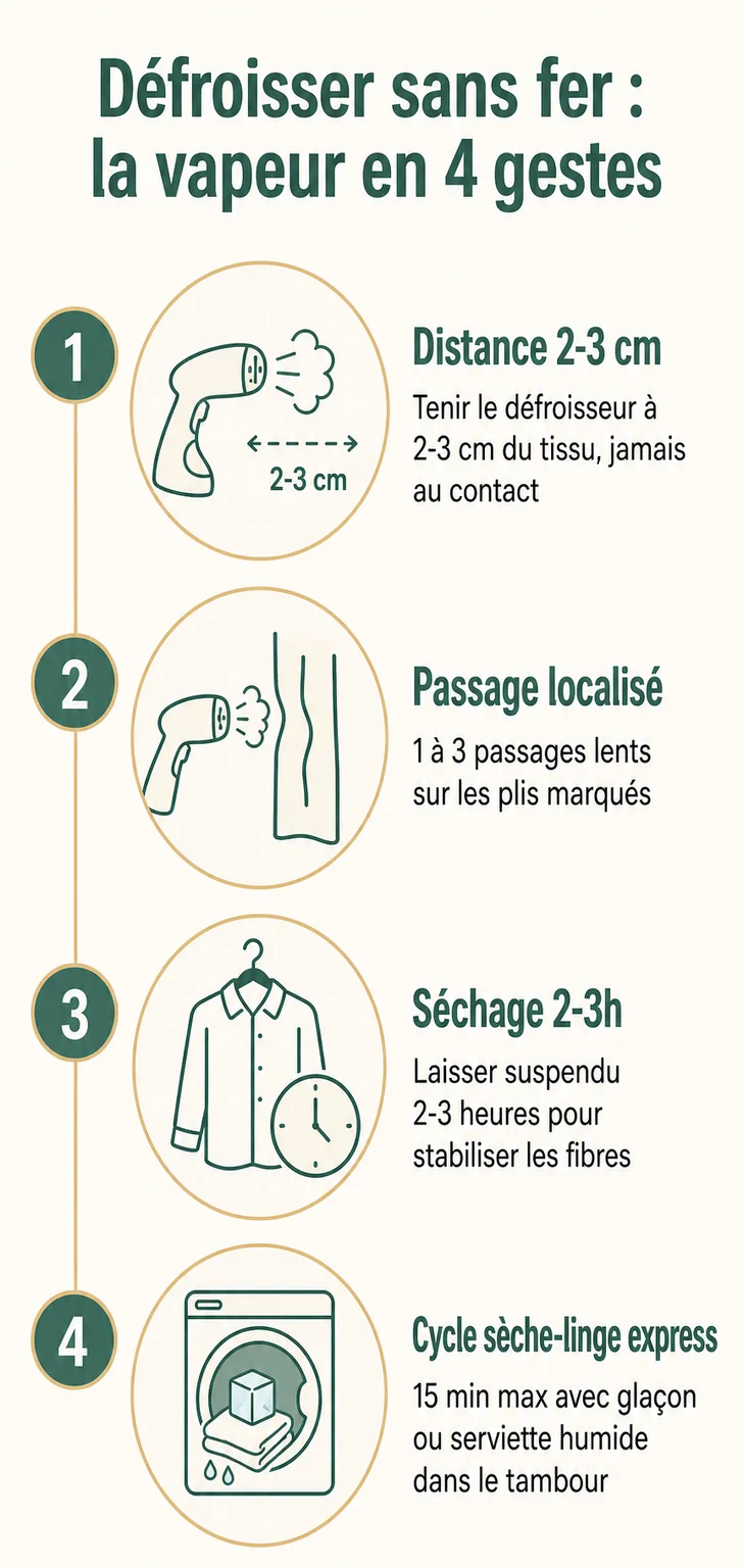Défroisser sans fer : la vapeur en 4 gestes : 1. Distance 2-3 cm, 2. Passage localisé, 3. Séchage 2-3h, 4. Cycle sèche-linge express