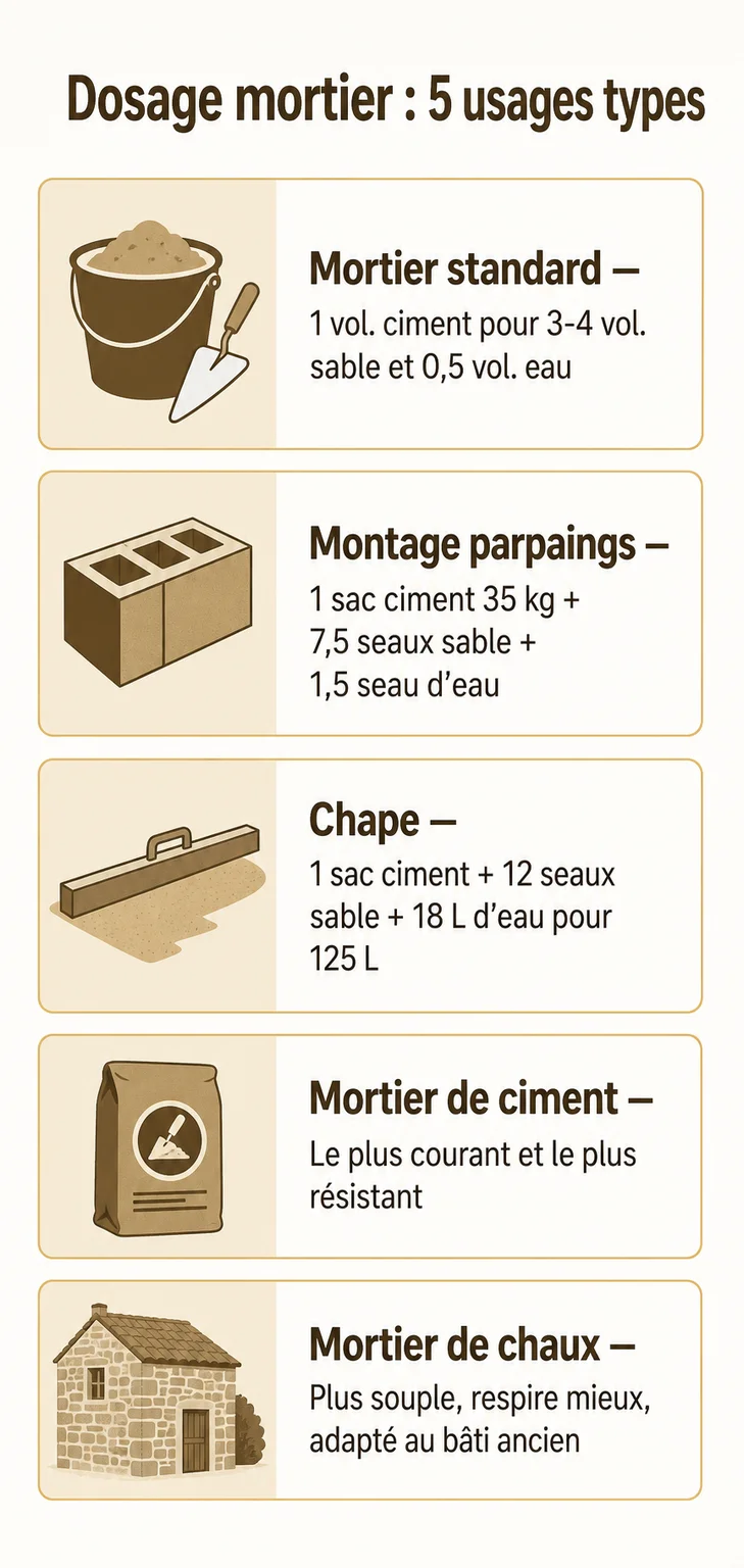 Dosage mortier : 5 usages types : Mortier standard, Montage parpaings, Chape, Mortier de ciment, Mortier de chaux