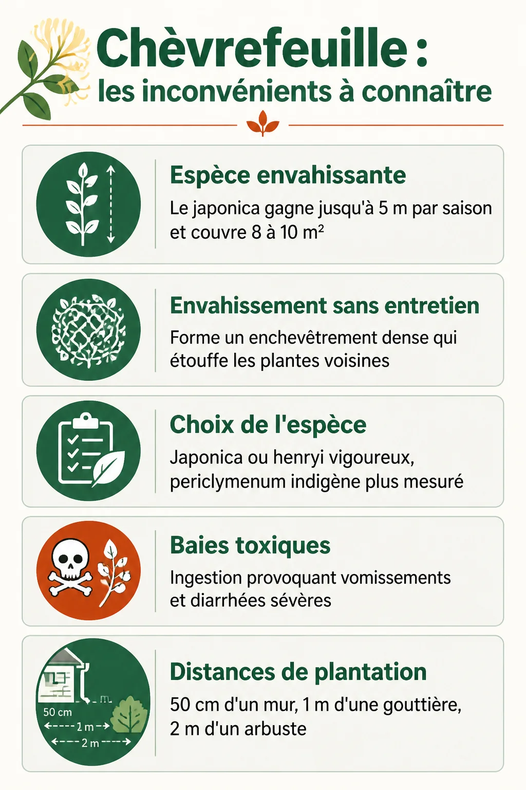 Chèvrefeuille : les inconvénients à connaître : Espèce envahissante, Envahissement sans entretien, Choix de l'espèce, Baies toxiques, Distances de plantation