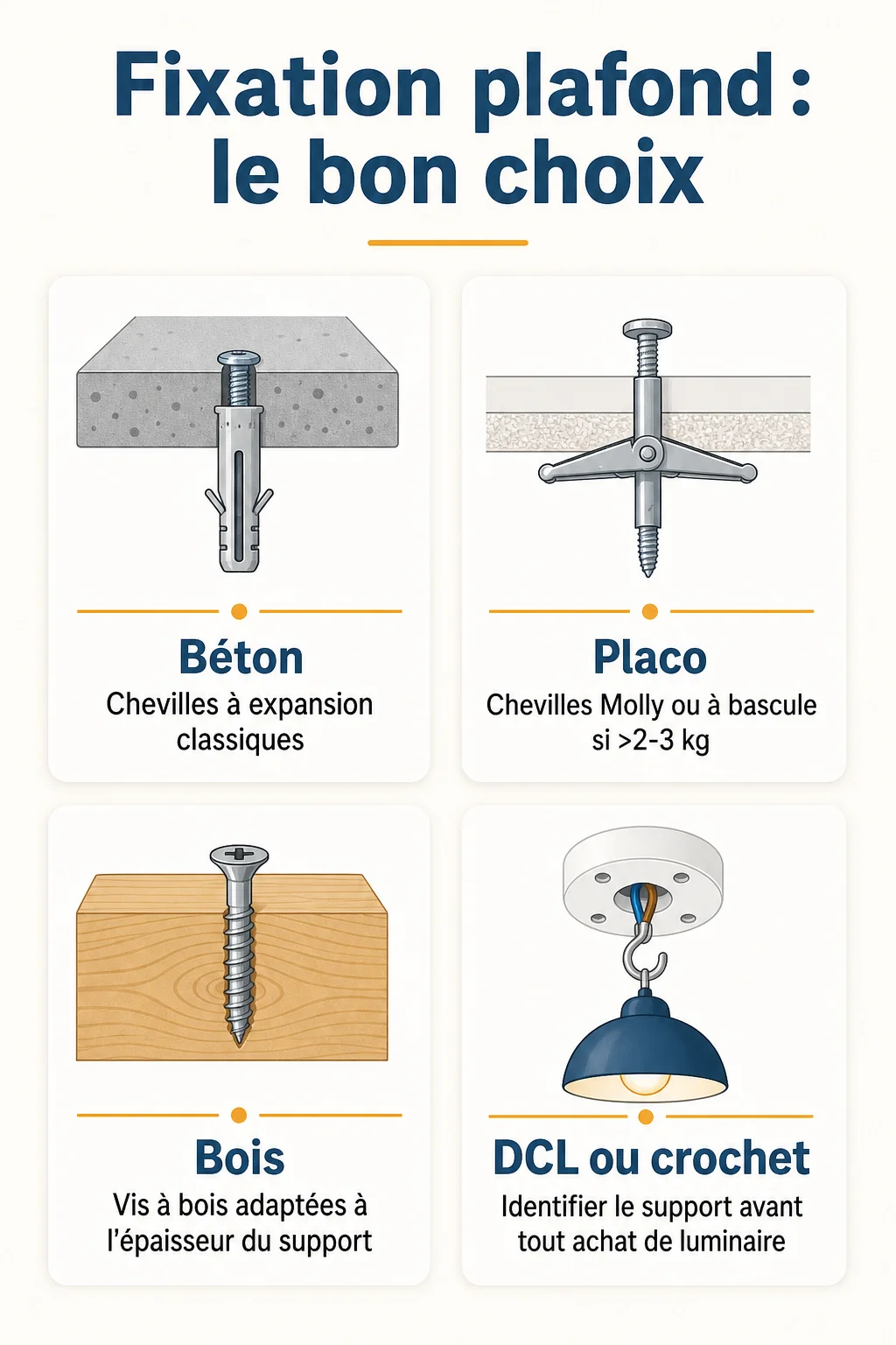 Fixation plafond : le bon choix : Béton, Placo, Bois, DCL ou crochet