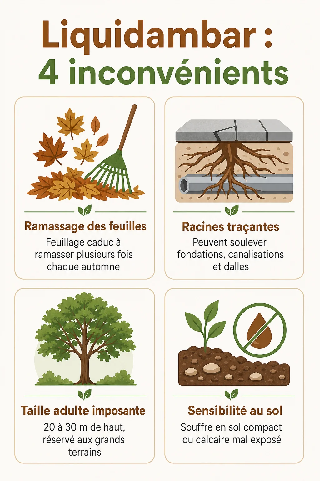 Liquidambar : 4 inconvénients : Ramassage des feuilles, Racines traçantes, Taille adulte imposante, Sensibilité au sol