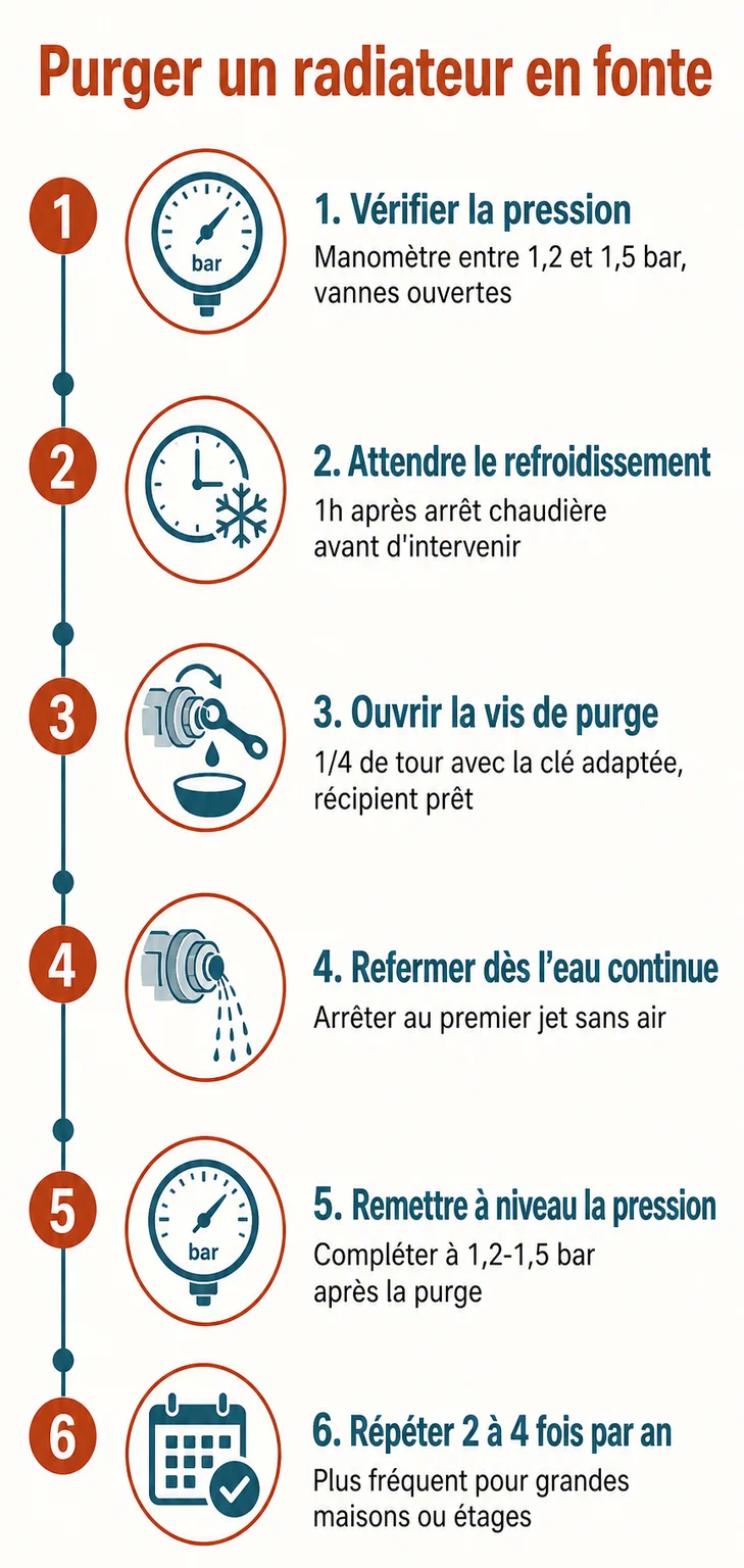 Purger un radiateur en fonte : 1. Vérifier la pression, 2. Attendre le refroidissement, 3. Ouvrir la vis de purge, 4. Refermer dès l'eau continue, 5. Remettre à niveau la pression, 6. Répéter 2 à 4 fois par an