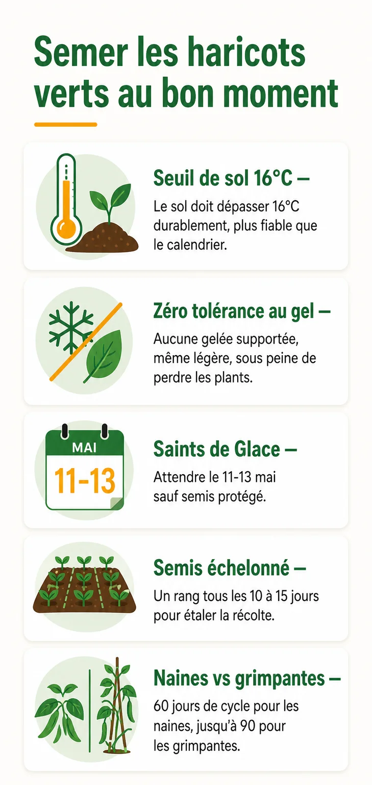 Semer les haricots verts au bon moment : Seuil de sol 16°C, Zéro tolérance au gel, Saints de Glace, Semis échelonné, Naines vs grimpantes