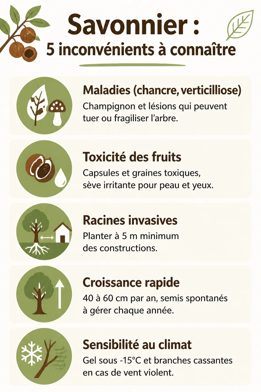 Savonnier : 5 inconvénients à connaître : Maladies (chancre, verticilliose), Toxicité des fruits, Racines invasives, Croissance rapide, Sensibilité au climat