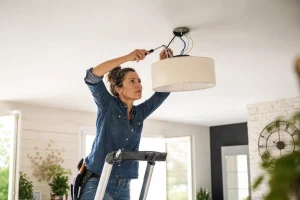 Femme installant un luminaire au plafond sur un escabeau dans un salon