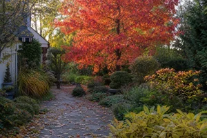 Grand liquidambar aux feuilles rouge et orange en automne dans un jardin avec allée jonchée de feuilles