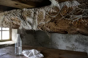 Poutre en bois atteinte de mérule avec filaments blancs et cordons, flacon de vinaigre blanc à proximité
