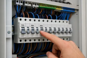 Tableau électrique avec disjoncteurs 10A, 16A et 20A pour circuits prises et éclairage