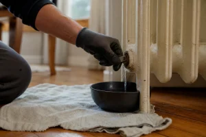 Purge d'un radiateur en fonte à l'aide d'une clé de purge et d'un récipient