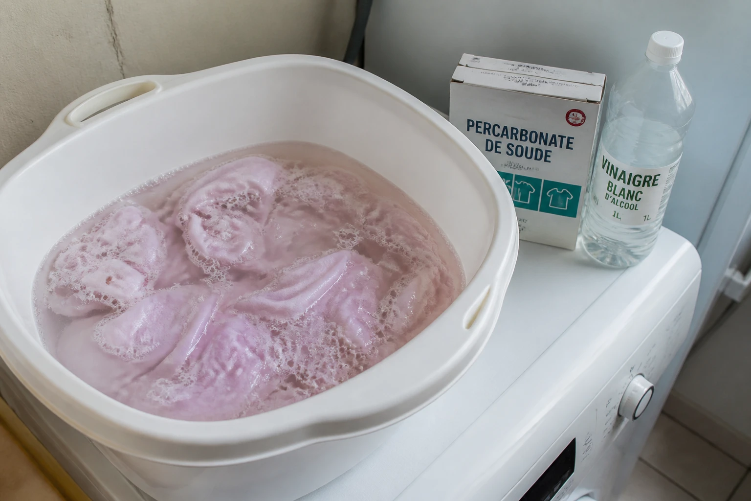 Bassine de trempage avec linge blanc déteint en rose, percarbonate et vinaigre blanc à proximité