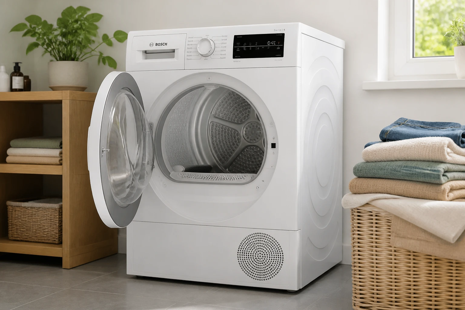 Sèche-linge à pompe à chaleur blanc dans une buanderie avec du linge plié à proximité