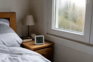 Fenêtre de chambre avec condensation et hygromètre affichant un taux d'humidité élevé sur une table de chevet
