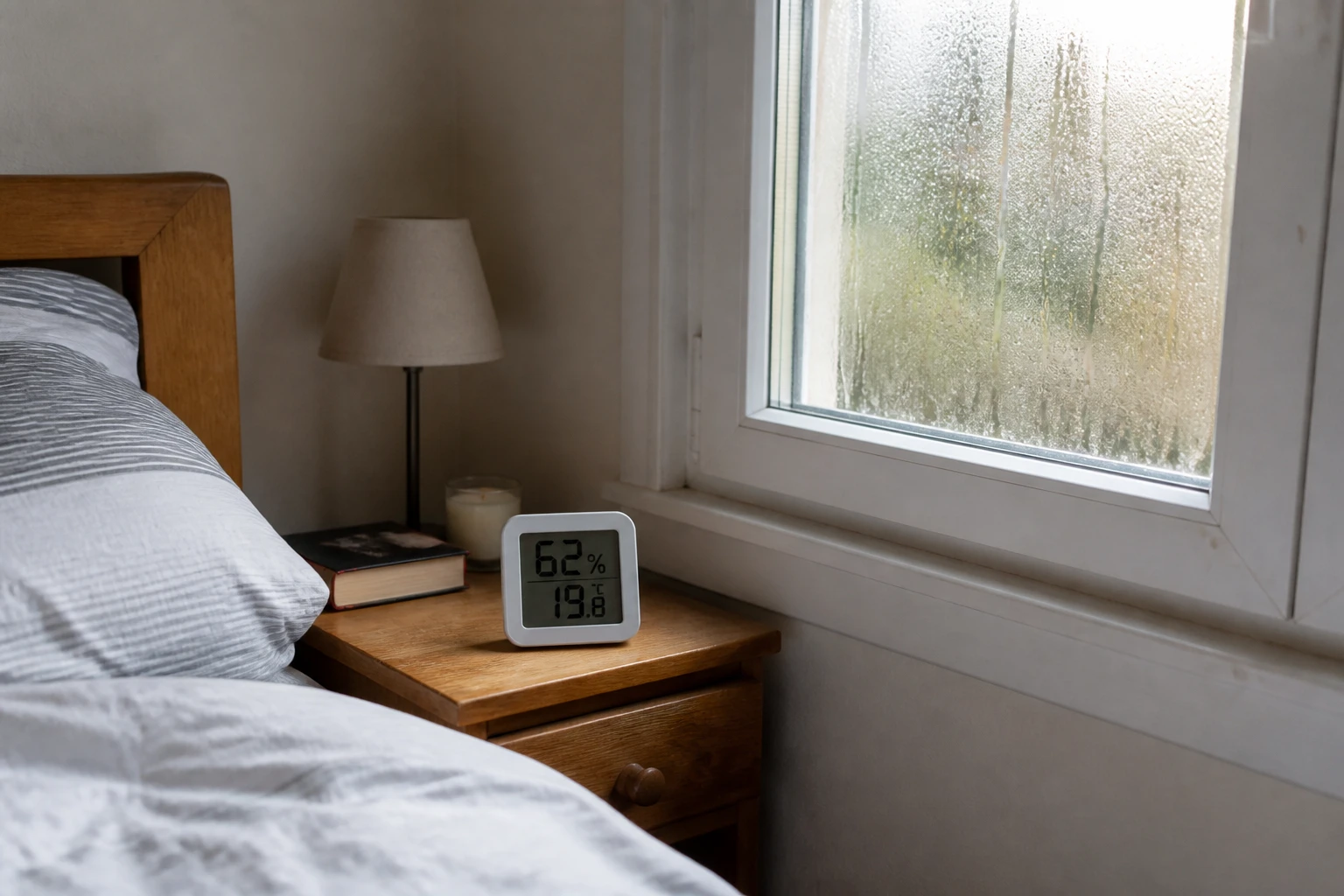Fenêtre de chambre avec condensation et hygromètre affichant un taux d'humidité élevé sur une table de chevet