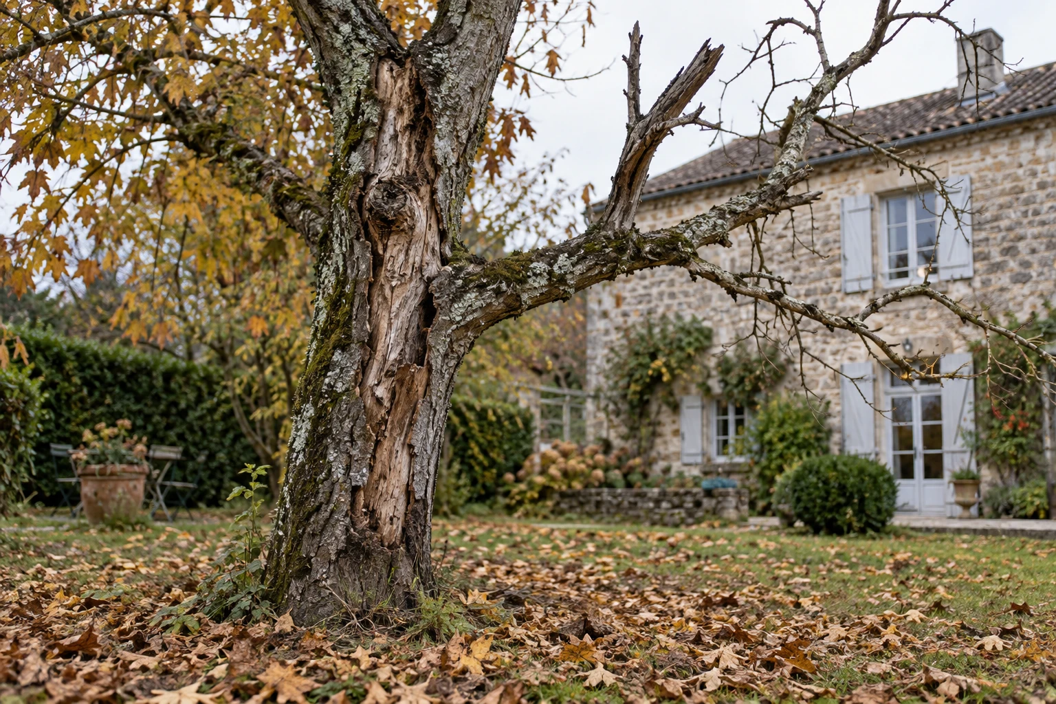 Arbre malade dans un jardin avant abattage, tronc dépérissant en lumière d'automne