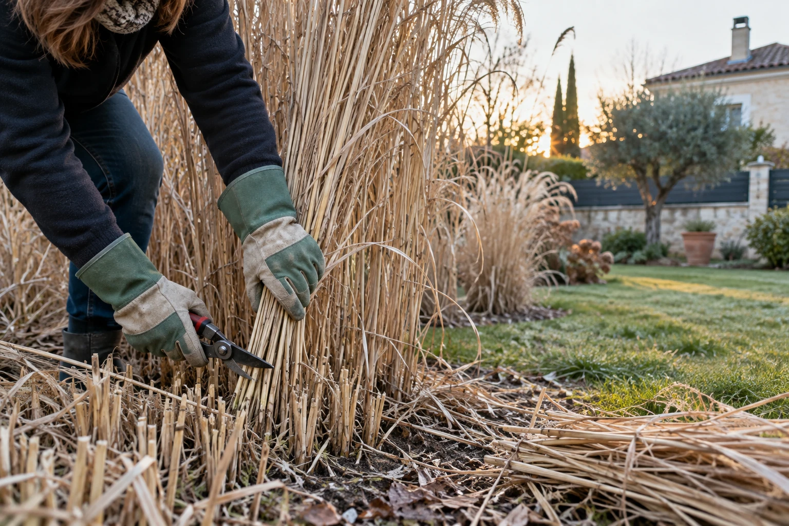 Haie de miscanthus en hiver avec jardinière en gants taillant les chaumes secs au sol