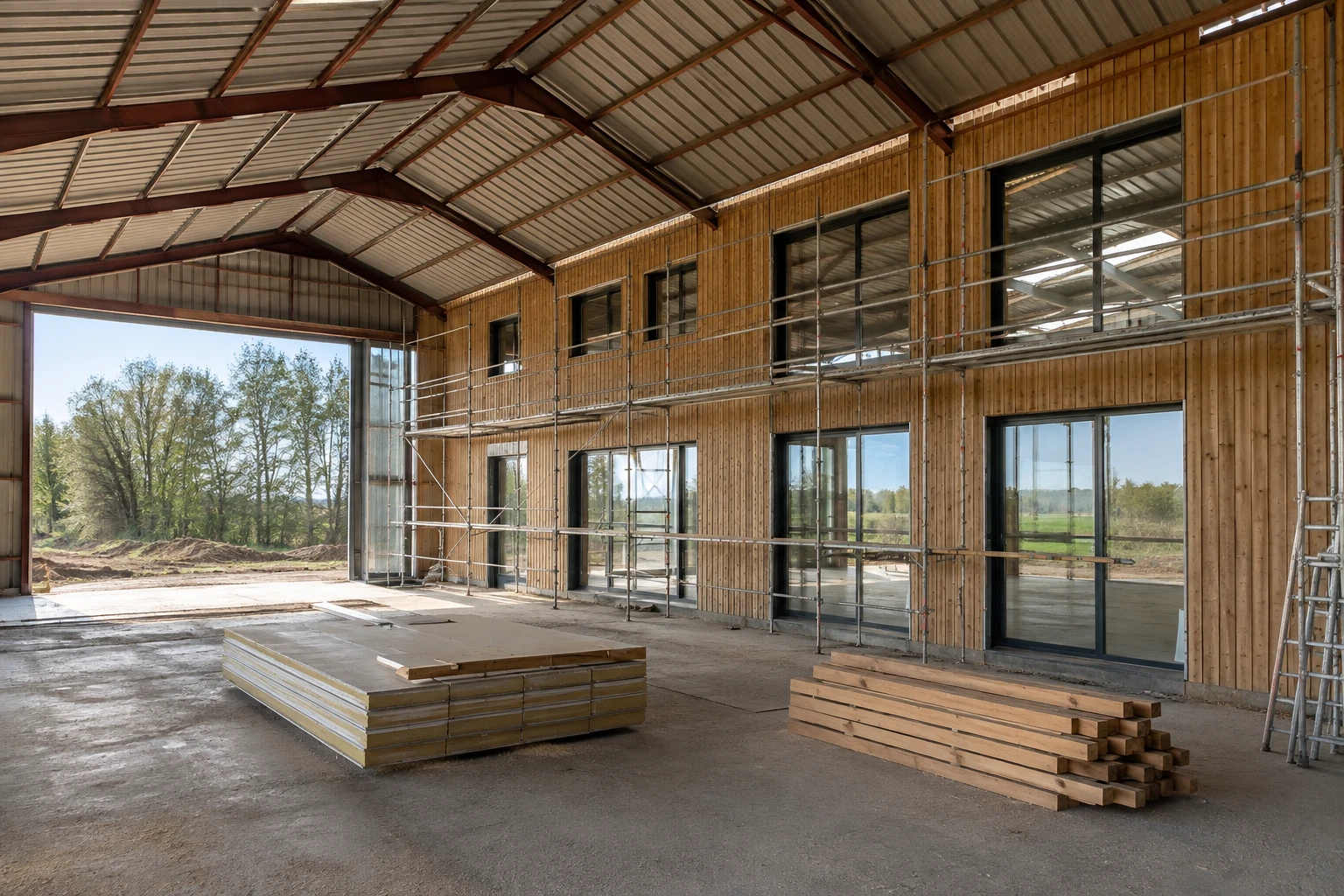 Ancien hangar en cours de transformation en maison avec baies vitrées neuves et charpente apparente