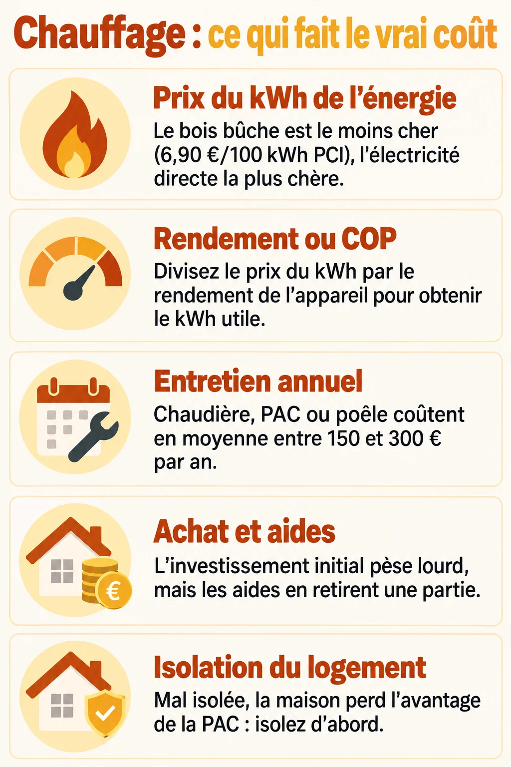 Chauffage : ce qui fait le vrai coût : Prix du kWh de l'énergie, Rendement ou COP, Entretien annuel, Achat et aides, Isolation du logement