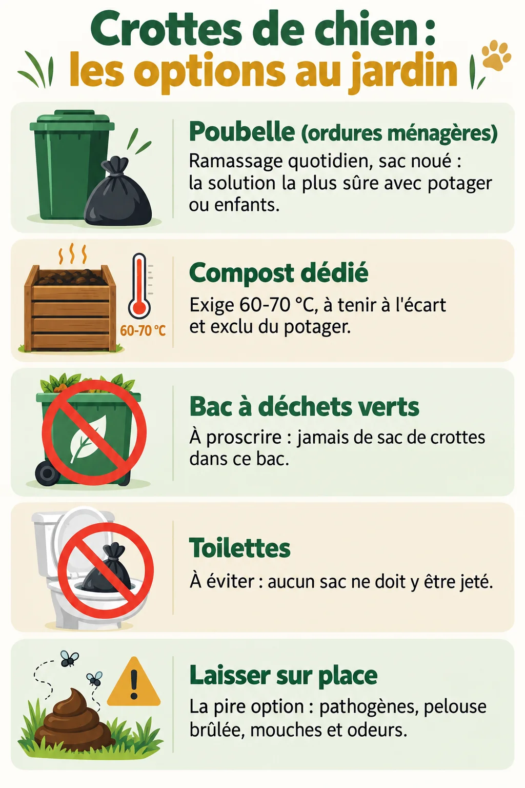 Crottes de chien : les options au jardin : Poubelle (ordures ménagères), Compost dédié, Bac à déchets verts, Toilettes, Laisser sur place
