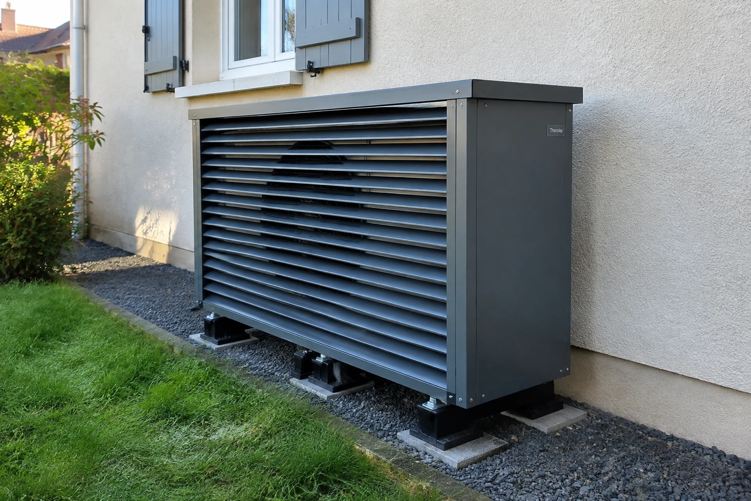 Pompe à chaleur extérieure entourée d'un caisson anti-bruit en aluminium contre le mur d'une maison