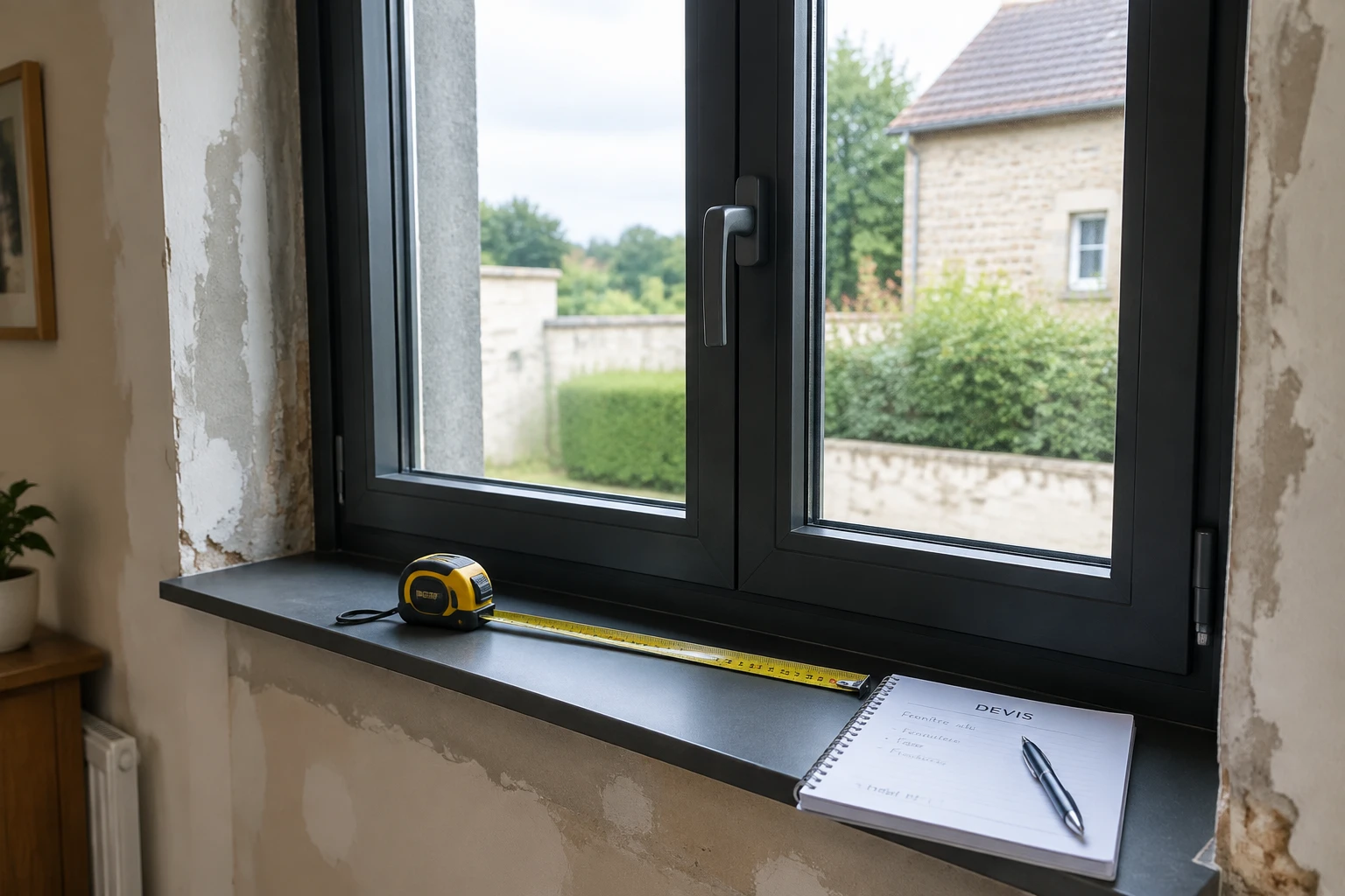 Fenêtre aluminium anthracite en cours de pose avec mètre ruban et devis posés sur l'appui
