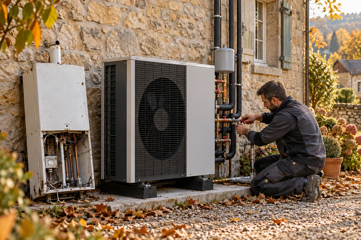 Pompe à chaleur air-eau installée à l'extérieur d'une maison, avec un installateur qui vérifie les raccordements